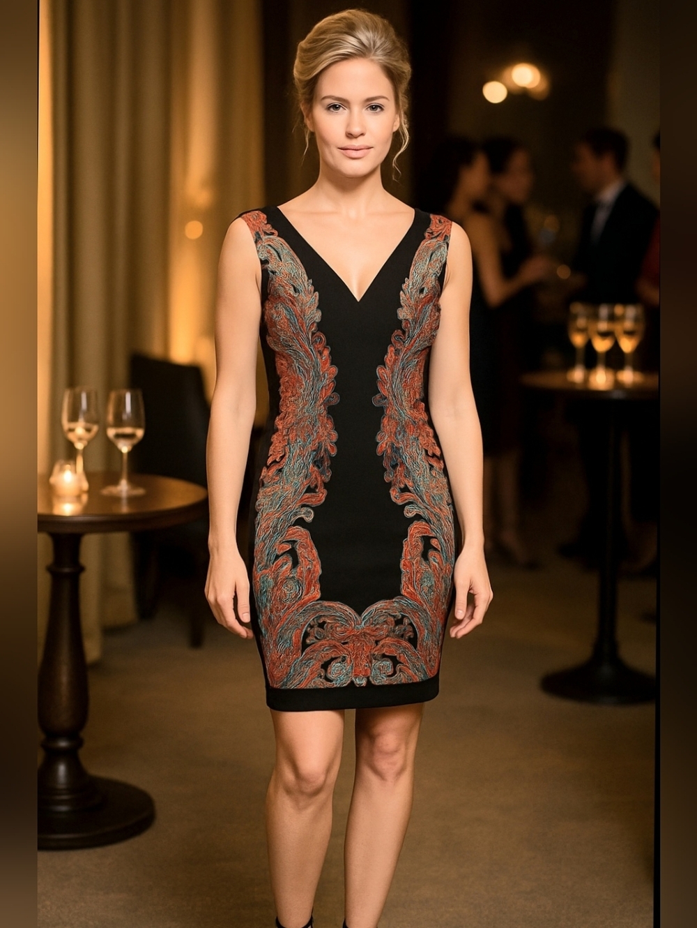Boston Proper Black Paisley-Print Detail V-Neck Sheath Pencil Dress Sleeveless